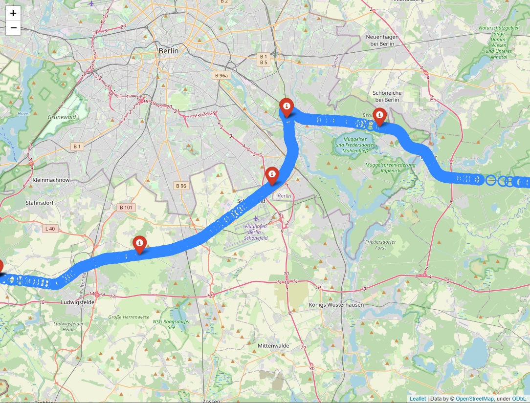 GPS coordinates mapped to the railway tracks, interpolated and enriched with other meta-information