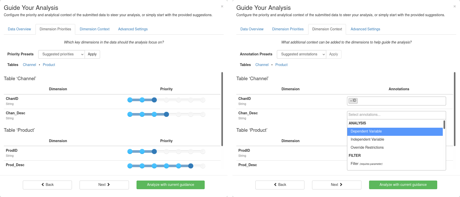 Analysis Guidance - Dimension priority and context dialogs