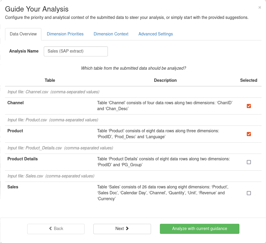 Analysis Guidance - Table selection dialog