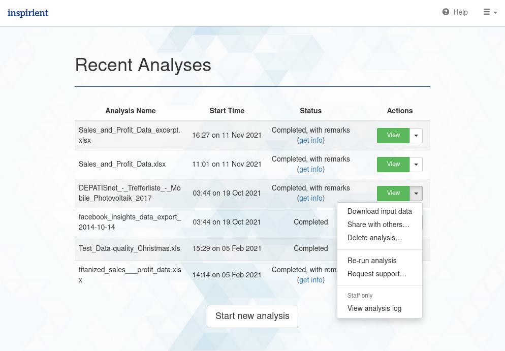 Recent Analyses view